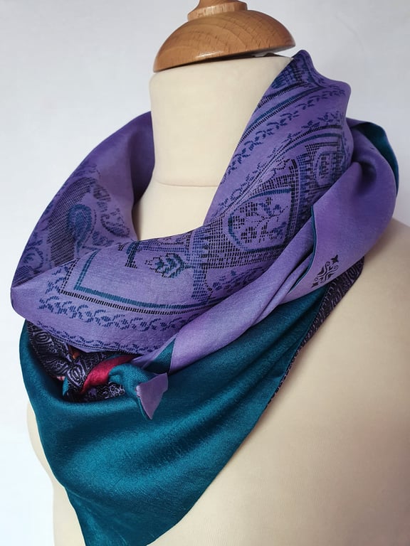 Vintage sari silk double sided triangular scarf. Turquoise Lilac Black