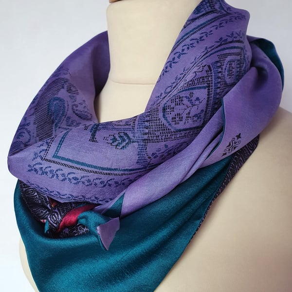 Vintage sari silk double sided triangular scarf. Turquoise Lilac Black
