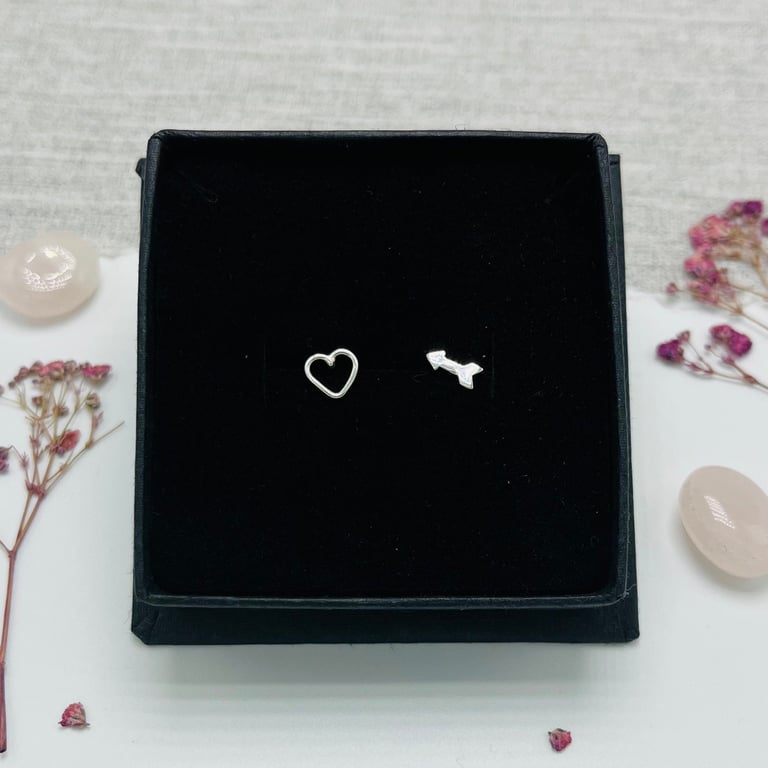 Heart & Arrow Stud Earrings - Handmade, Sterling Silver 