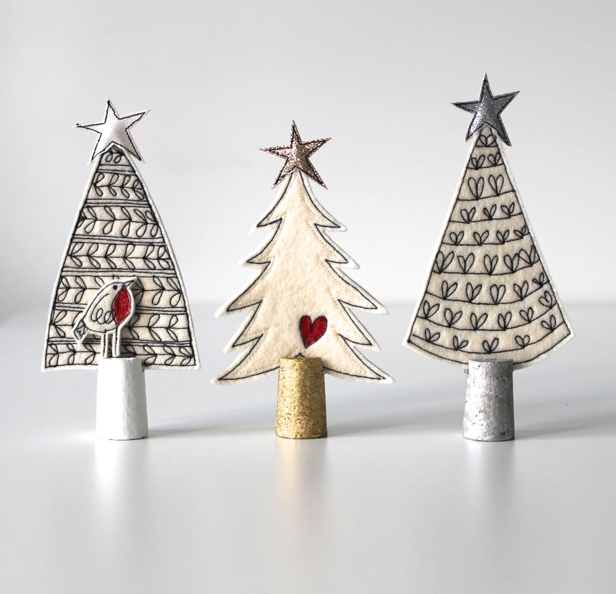 Three Wool Felt Christmas Trees 