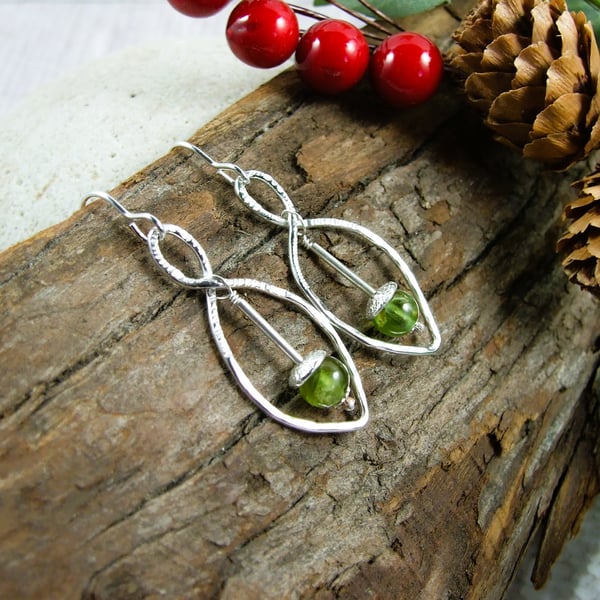 Earrings, Sterling Silver Leaf and Peridot Droppers