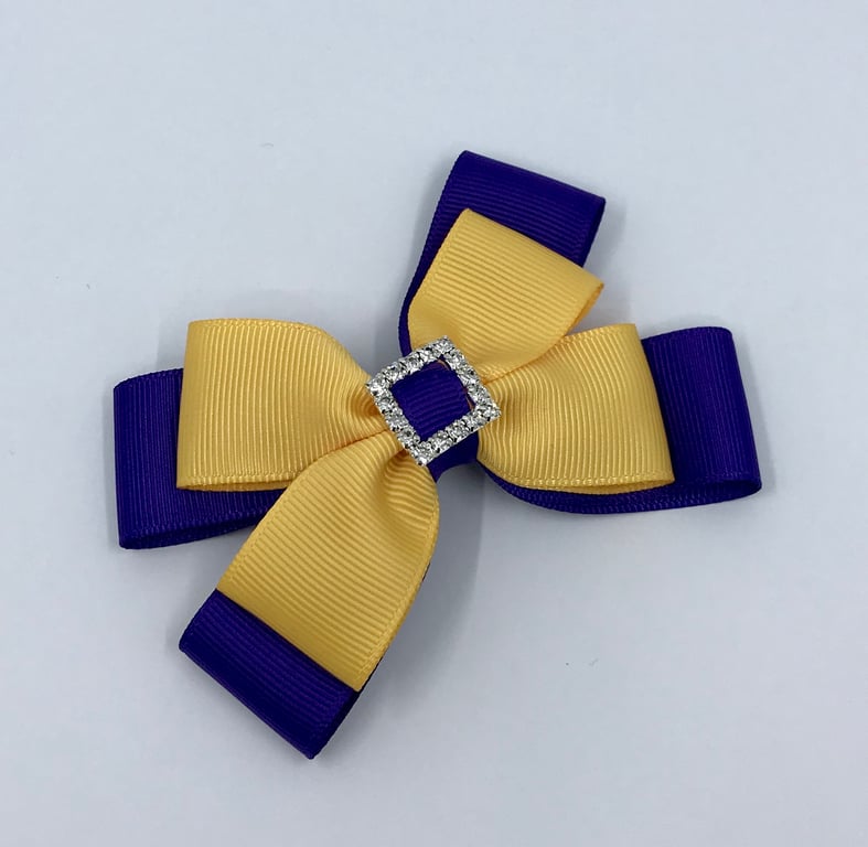 Purple and Yellow Gold Double Layer Bow on Clip