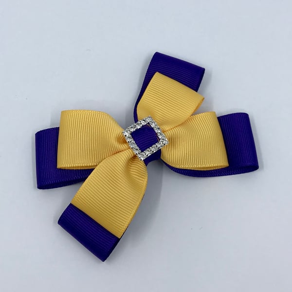 Purple and Yellow Gold Double Layer Bow on Clip