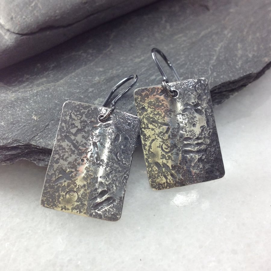 Silver earrings, oxidised rectangular earrings