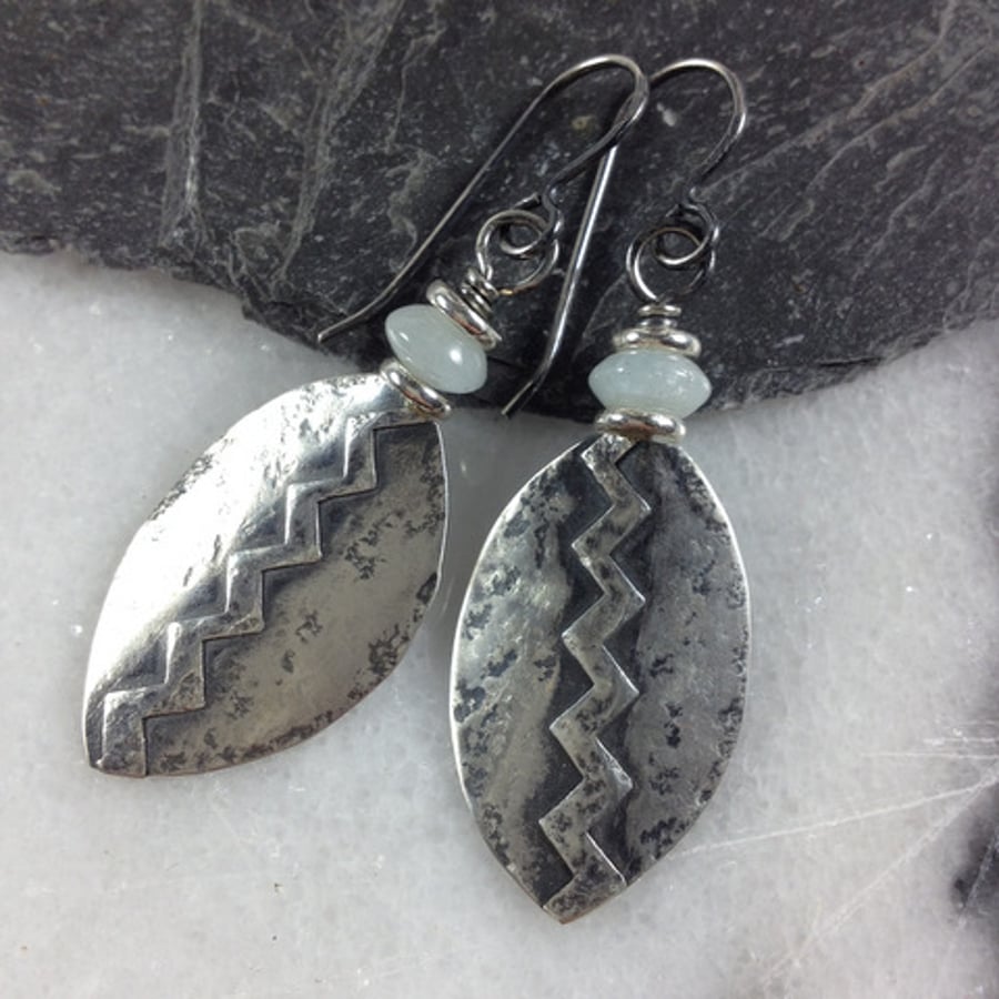 Silver and aquamarine shield earrings