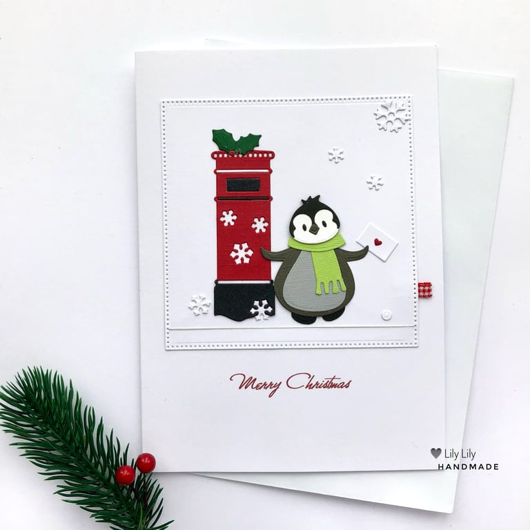 Christmas card, Penguin at Postbox Christmas Card by Lily Lily Handmade 