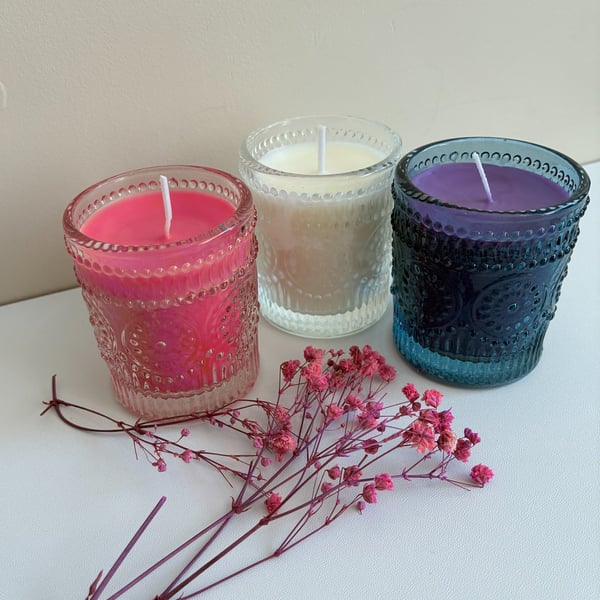Set of Three Soy Wax Candles in Glass Votives - Clean and Unscented