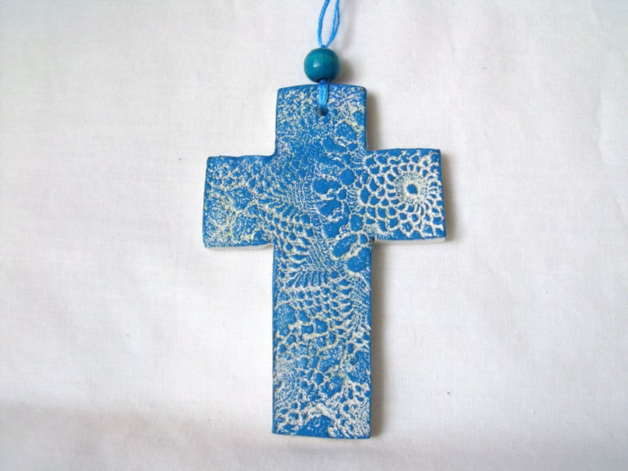 ceramic lace hanging cross decoration in blue