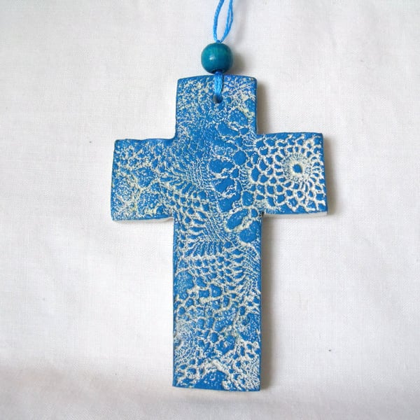 ceramic lace hanging cross decoration in blue