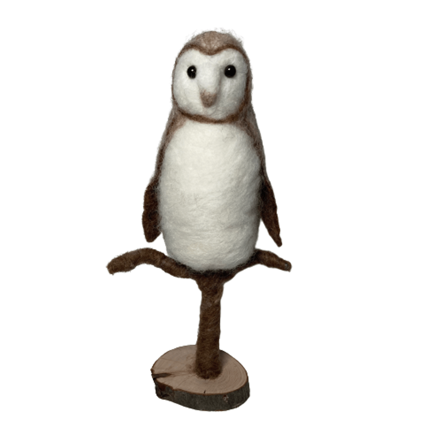Needle felted owl on a branch, sculpture, model