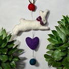 Felted wall hanging, leaping bunny, felt balls and heart (purple ribbon)