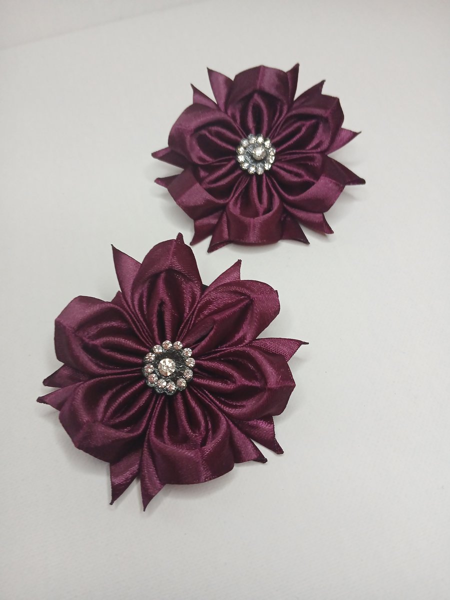 Pair of Maroon Ribbon Hair Bows - Girls School Accessories - Dark Red Flower