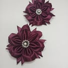 Pair of Maroon Ribbon Hair Bows - Girls School Accessories - Dark Red Flower