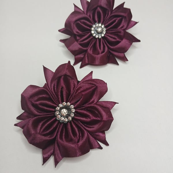 Pair of Maroon Ribbon Hair Bows - Girls School Accessories - Dark Red Flower