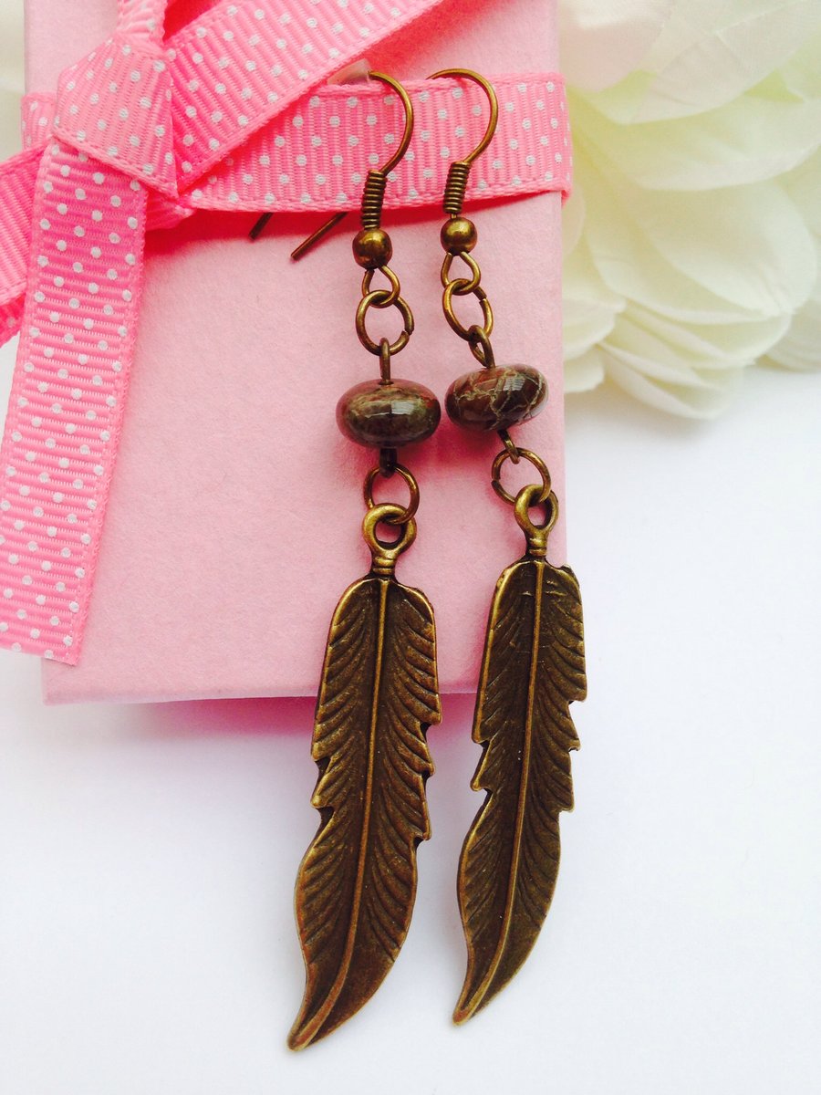 SALE Feather earrings with brown and grey semi- precious stone