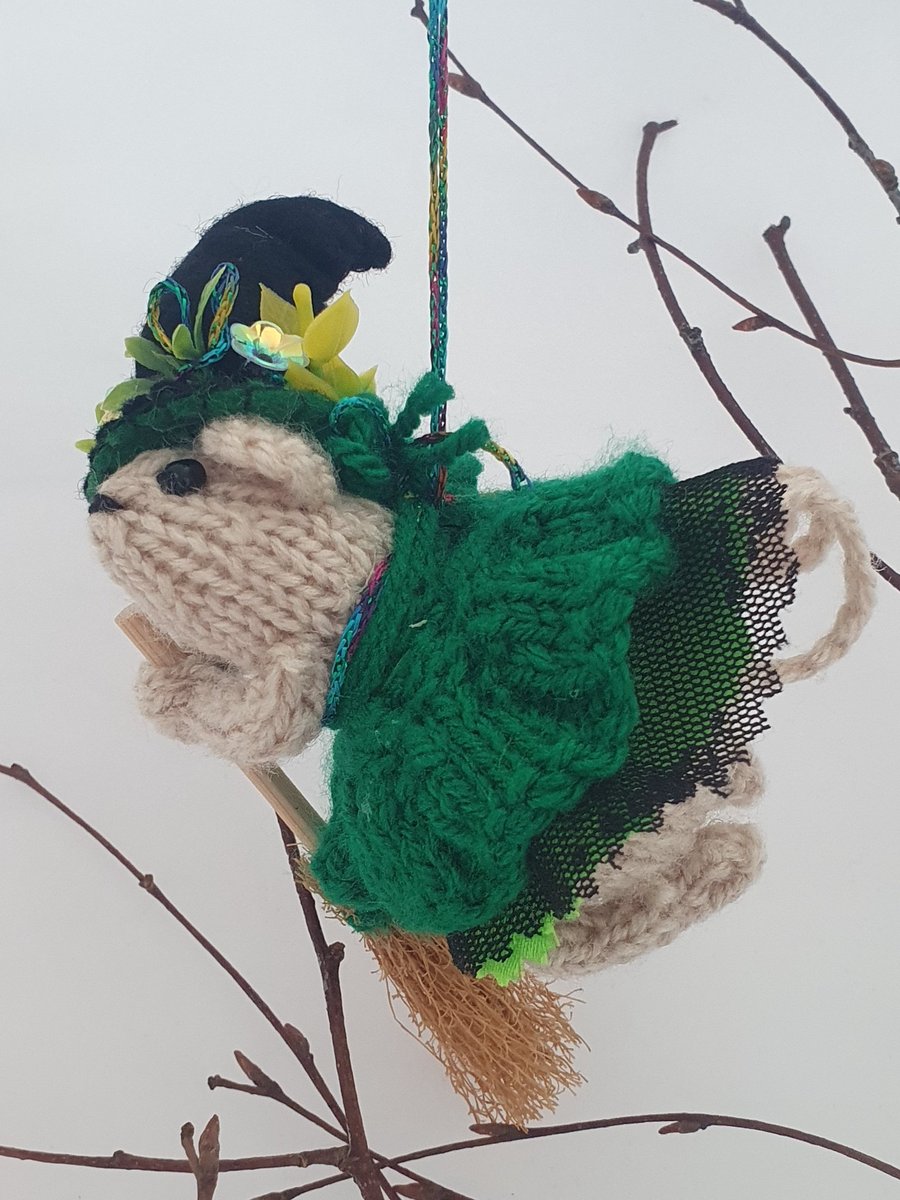 Hand Knitted Mini Witch Mouse- Emerald
