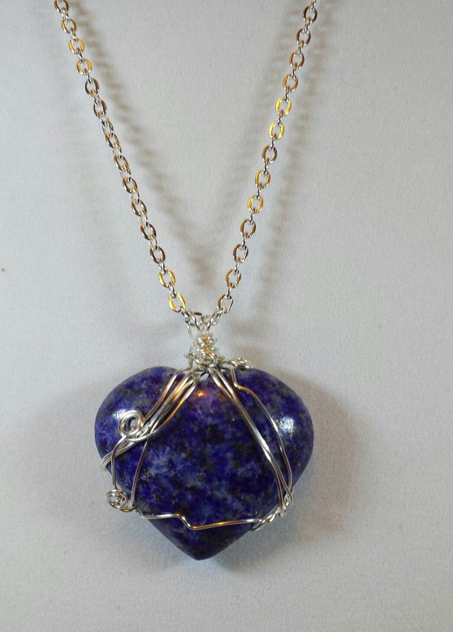 Handcrafted Wire Wrapped Lapis Heart Gemstone Pendant Necklace,Christmas Gift 