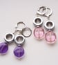 Earrings pink purple glass silver haematite circles drop hoop vintage 2 pairs