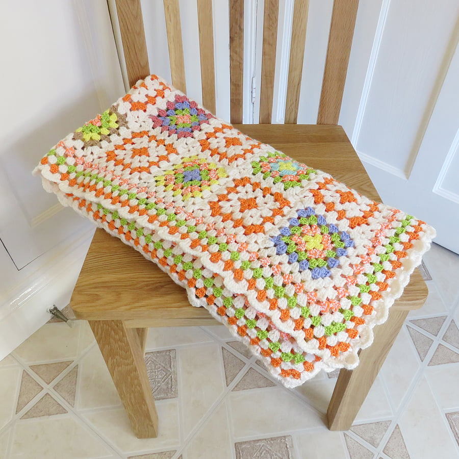 Crocheted Blanket Throw - Cream, Orange and Multi