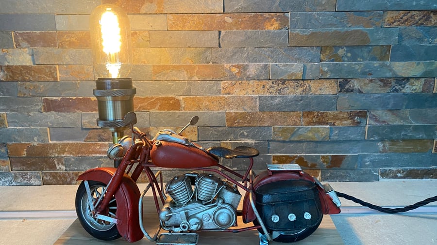 Up Cycled repro Indian Motorbike tin model into table lamp 