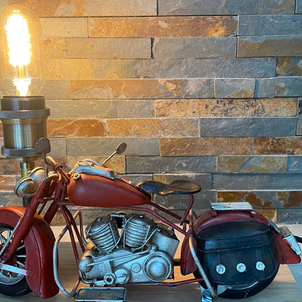 Up Cycled repro Indian Motorbike tin model into table lamp 