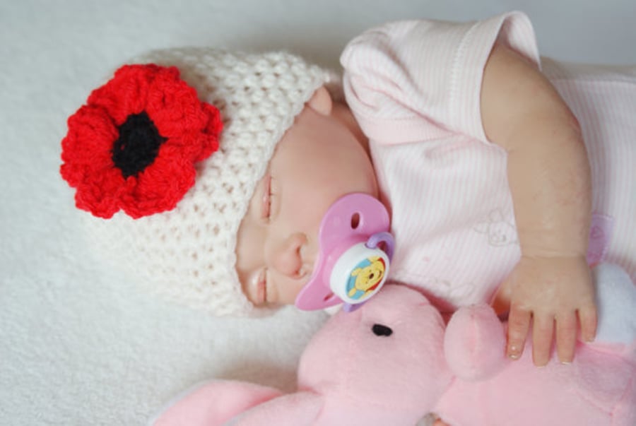 6 - 9 Months Baby Girl Poppy Flower Hat, Newborn Beanie, Crochet, 