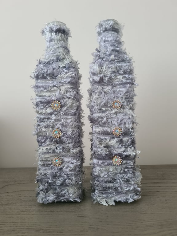 Set Of 2 Upcycled Glass Bottle Vases, Wrapped With Silver Grey Feathery Yarn