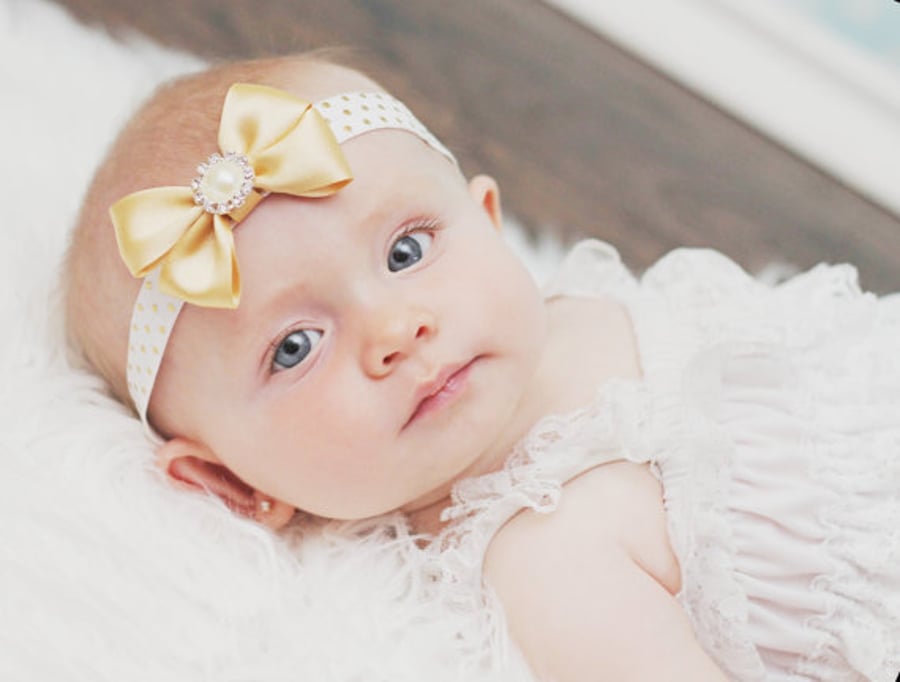 Baby Girls Light Gold Satin Bow Headband, Christening, Weddings