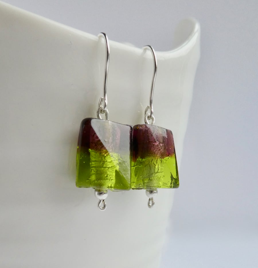 Foil-lined Purple and Green Glass Bead Earrings