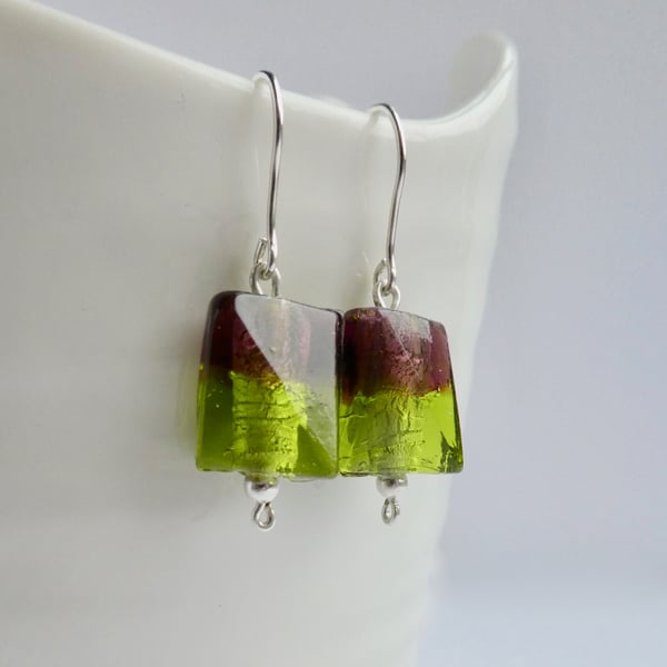 Foil-lined Purple and Green Glass Bead Earrings