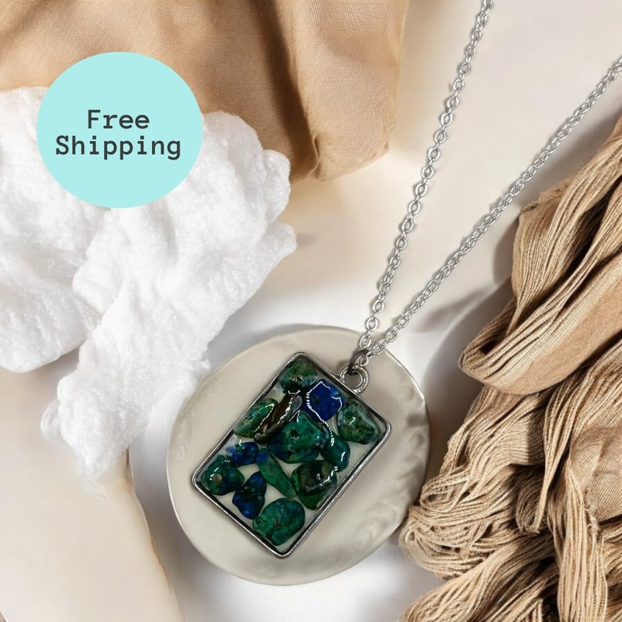 Chrysocolla Silver plated Rectangle Worry Stone Necklace - Free Postage