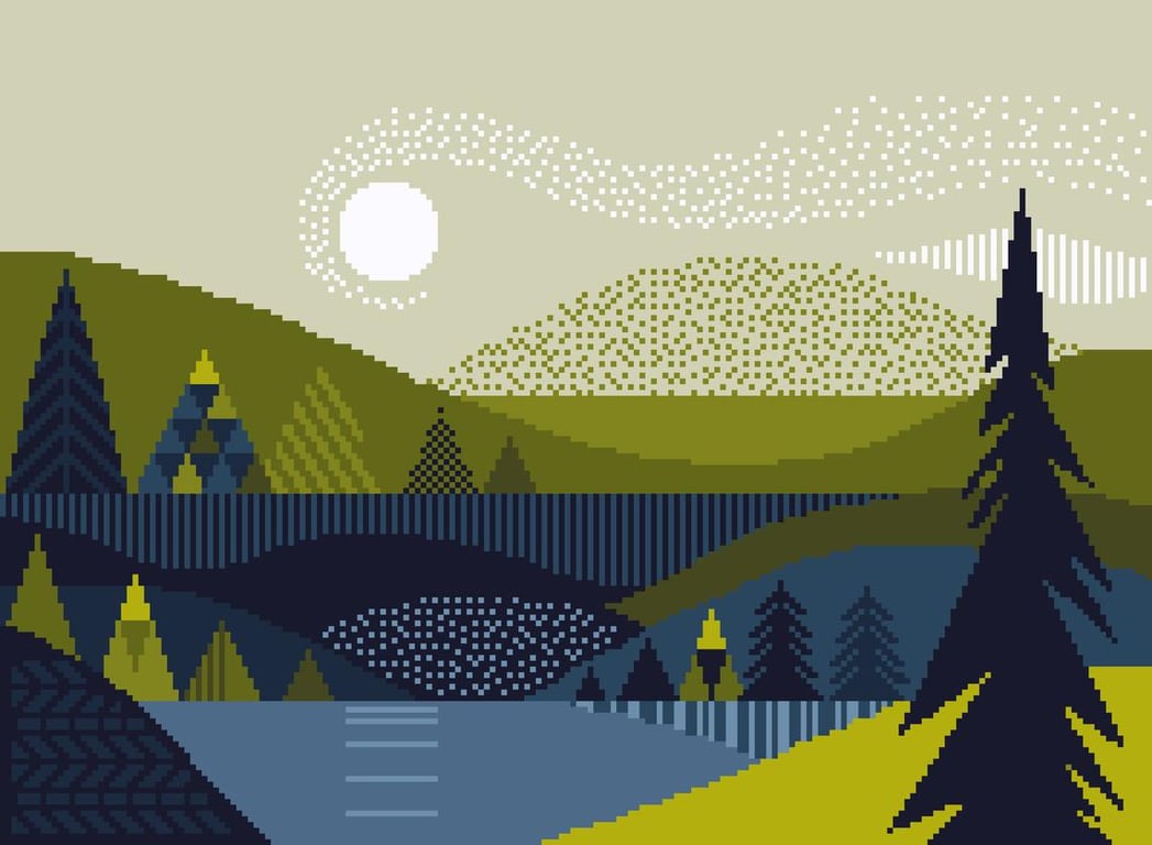 198 - Geometric Scandinavian Folk Art Landscape with Lake & Trees - CS Pattern