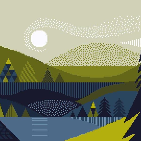 198 - Geometric Scandinavian Folk Art Landscape with Lake & Trees - CS Pattern