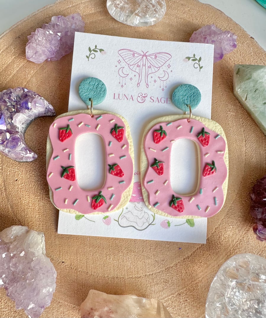 Handmade Cute Strawberry Heart Iced Biscuit doughnut Polymer Clay Earrings