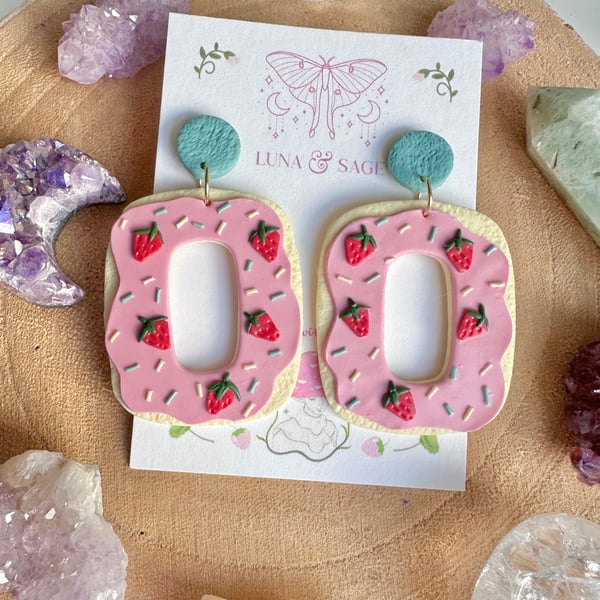 Handmade Cute Strawberry Heart Iced Biscuit doughnut Polymer Clay Earrings