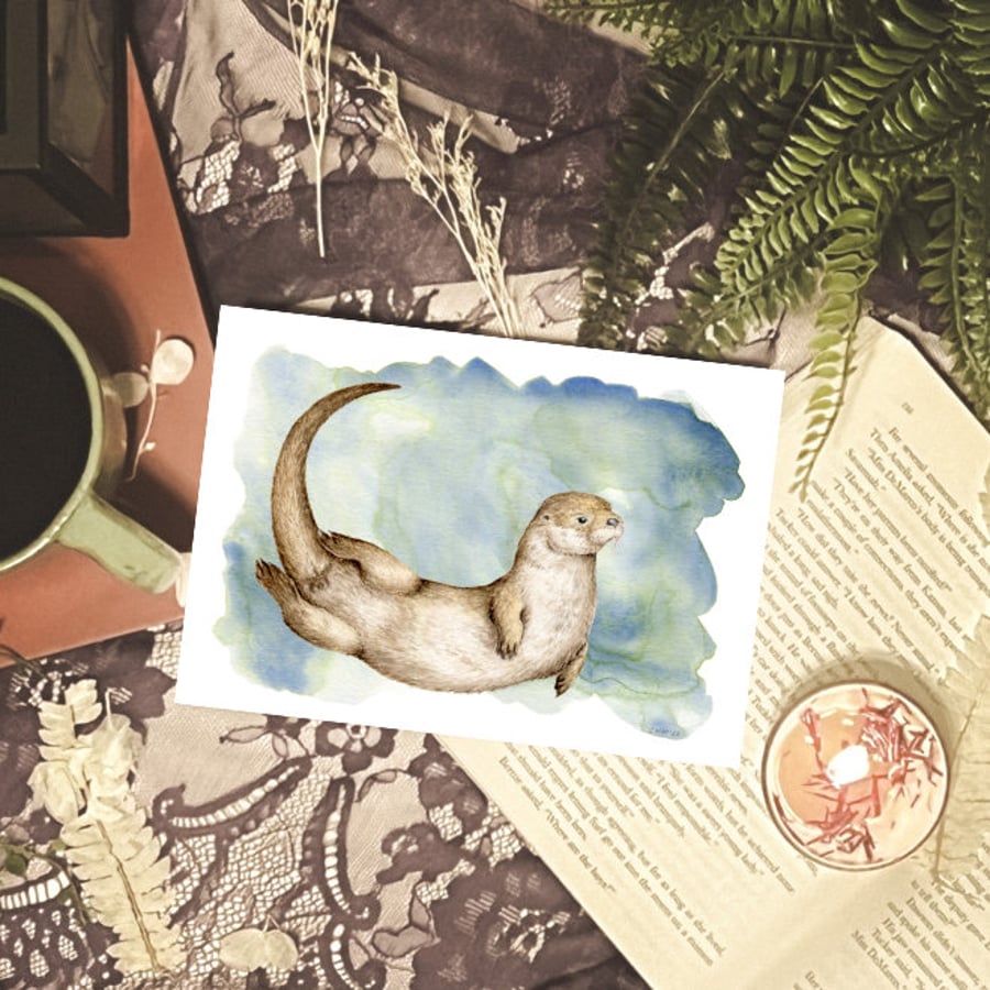 A5 Swimming Otter Art Print - Scottish wildlife illustration