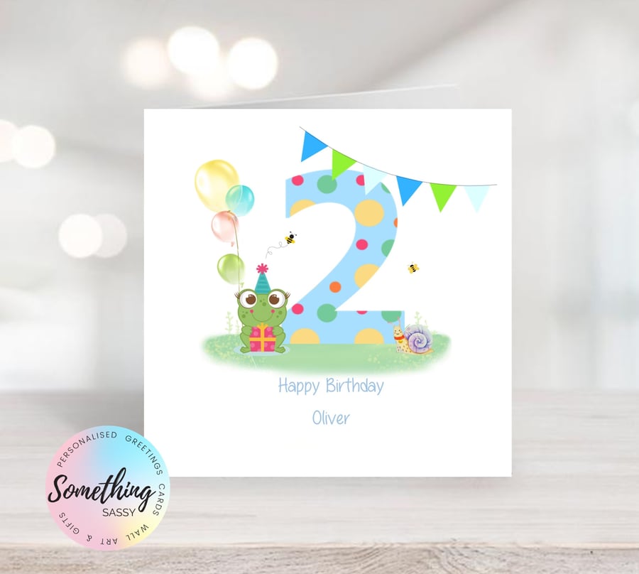 Boys 2nd Birthday Frog Greetings Card Personalised  with any text
