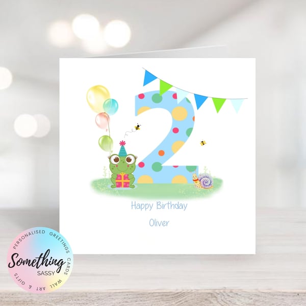 Boys 2nd Birthday Frog Greetings Card Personalised  with any text