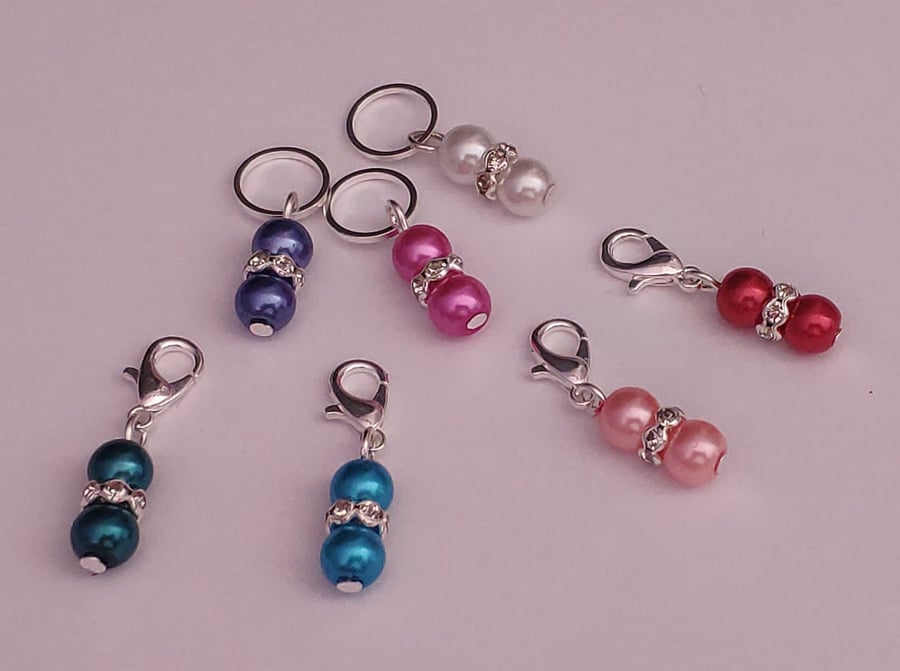 Pearl and Diamante stitch markers for knitting and crochet