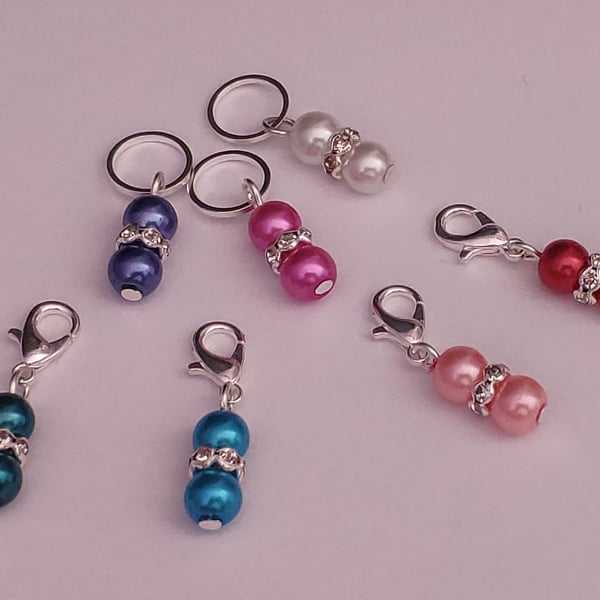 Pearl and Diamante stitch markers for knitting and crochet
