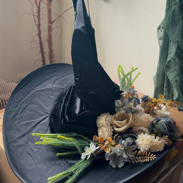 Silky feel witches hat with floral decoration for festivals 