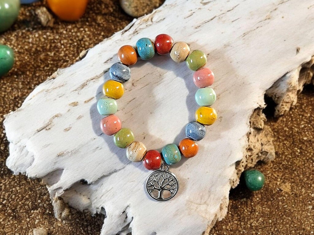 Tree of life beaded bracelet, Boho jewellery, Earth jewellery, ceramic jewellery