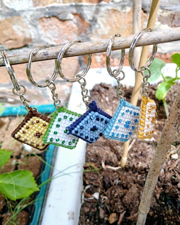 Key Rings, Bag Charm Embroidered with Beads on Plastic canvas