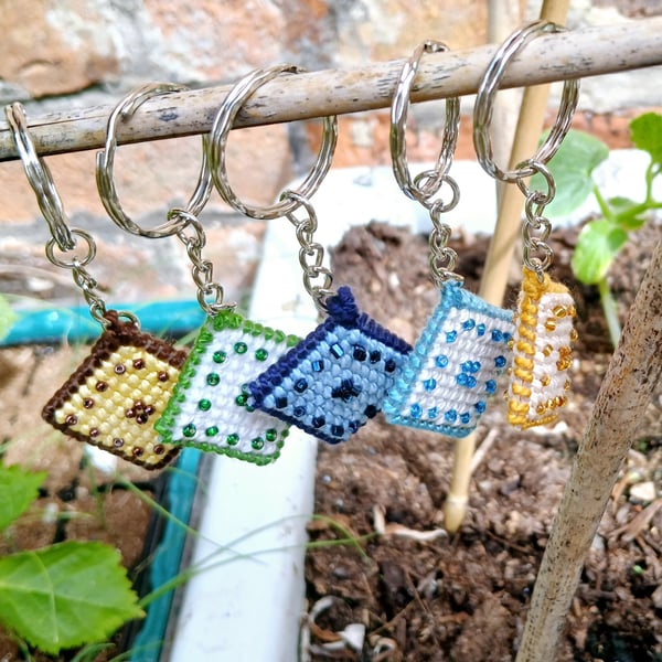 Key Rings, Bag Charm Embroidered with Beads on Plastic canvas