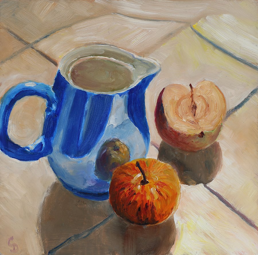 Blue Jug With Apples---an original small oil painting