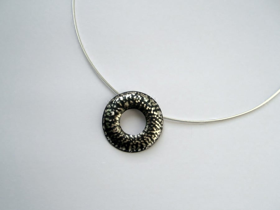 Sterling Silver Blackwave Round Doughnut Pendant on 16" Cable Wire, Oxidised