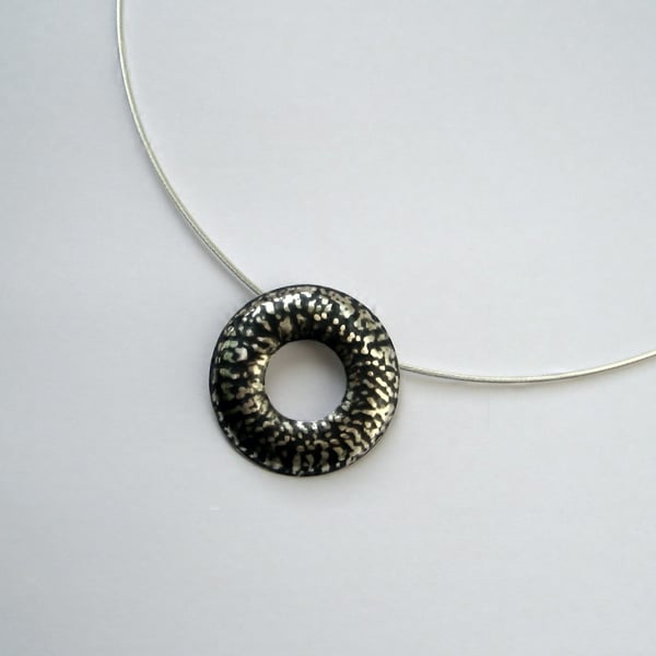 Sterling Silver Blackwave Round Doughnut Pendant on 16" Cable Wire, Oxidised