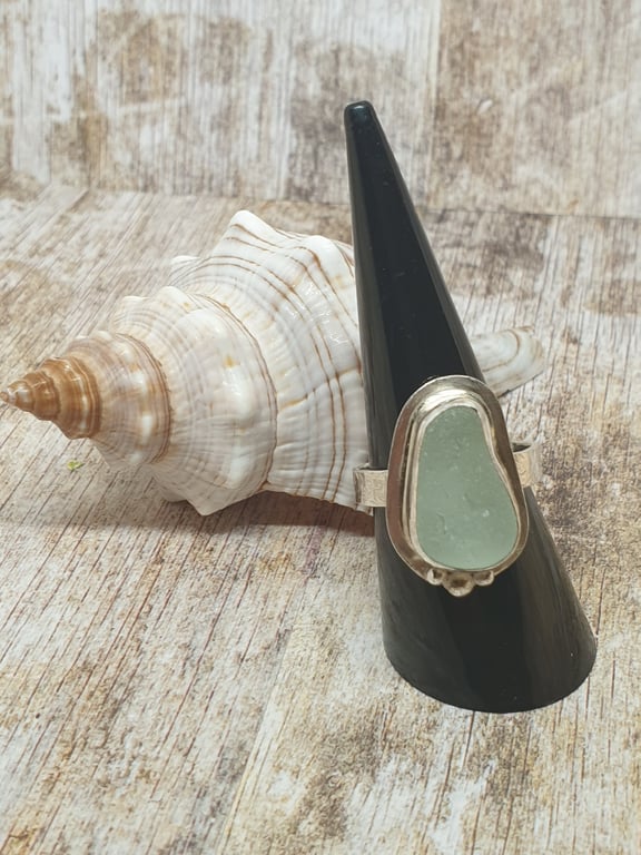 Sterling Silver 925 Aqua Color Seaham Seaglass Textured Ring Full Hallmark