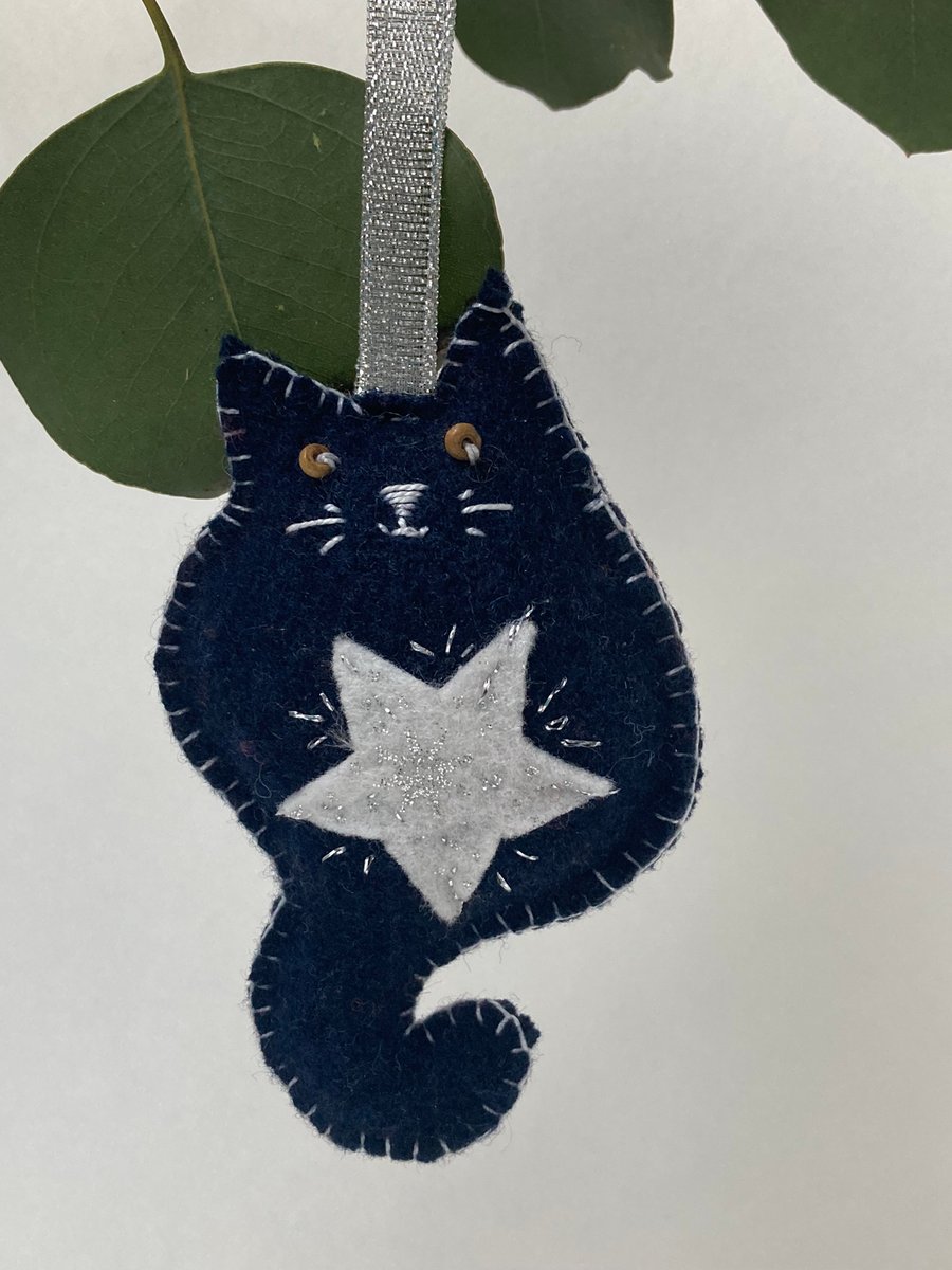 Star Cat - blue, felted wool hanging decoration, with star.