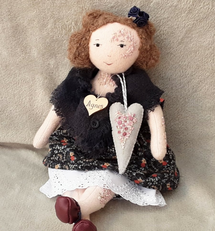 One of a kind hand embroidered cloth doll, hand sewn artist doll by Bearlescent